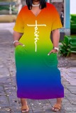 Letter Print Plus Size Casual Rainbow Multicolor Gredient Short Sleeve V Neck Long T-shirt Dresses