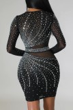 Black Sexy Patchwork Hot Drilling See-through O Neck Long Sleeve Dresses