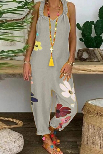 Grey Casual Floral Patchwork Backless Fold V Neck Loose Jumpsuits