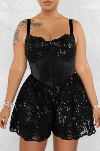 Black Sexy Casual Solid Sequins Patchwork Backless Spaghetti Strap Regular Romper