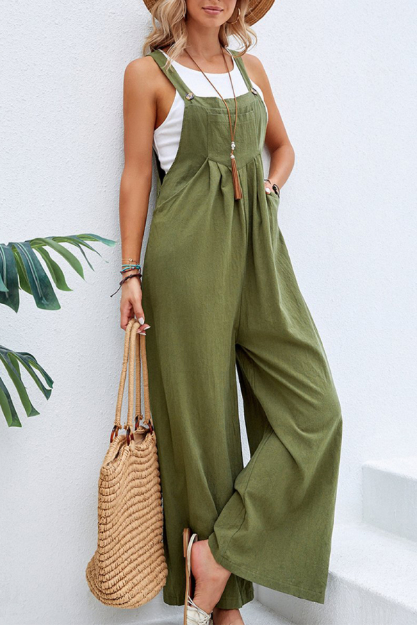 Army Green Casual Vacation Solid Buttons Square Collar Loose Jumpsuits