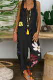 Yellow Casual Floral Patchwork Backless Fold V Neck Loose Jumpsuits