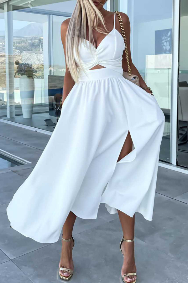 White Sexy Celebrities Solid Hollowed Out Pocket Slit V Neck Evening Dress Dresses