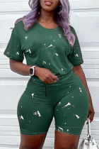 Green Casual Print Basic O Neck Short Sleeve Two Pieces