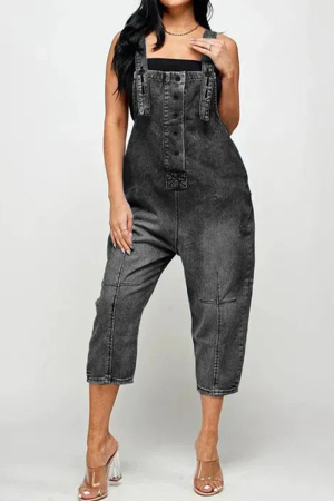 Street Graffiti Buttons Square Collar Straight Jumpsuits