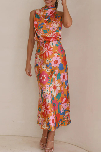 Tangerine Celebrities Elegant Print Patchwork Asymmetrical Collar One Step Skirt Dresses