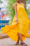 Yellow Casual Vacation Simplicity Asymmetrical Solid Color Spaghetti Strap A Line Dresses