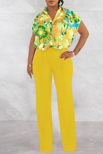 Yellow Casual Print Patchwork Buckle Turndown Collar Short Sleeve Two Pieces