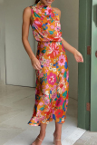 Tangerine Celebrities Elegant Print Patchwork Asymmetrical Collar One Step Skirt Dresses