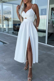 White Sexy Celebrities Solid Hollowed Out Pocket Slit V Neck Evening Dress Dresses