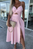 Light Pink Sexy Celebrities Solid Hollowed Out Pocket Slit V Neck Evening Dress Dresses