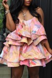 Multicolor Tropical Print Sleeveless Backless Ruffled Tiered Casual Vacation Slip Mini Dress