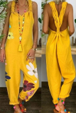 Yellow Casual Floral Patchwork Backless Fold V Neck Loose Jumpsuits