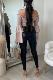 Apricot Pink Casual Solid Patchwork Off the Shoulder Tops