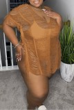 Dark Brown Sexy Solid Patchwork See-through V Neck Plus Size Tops