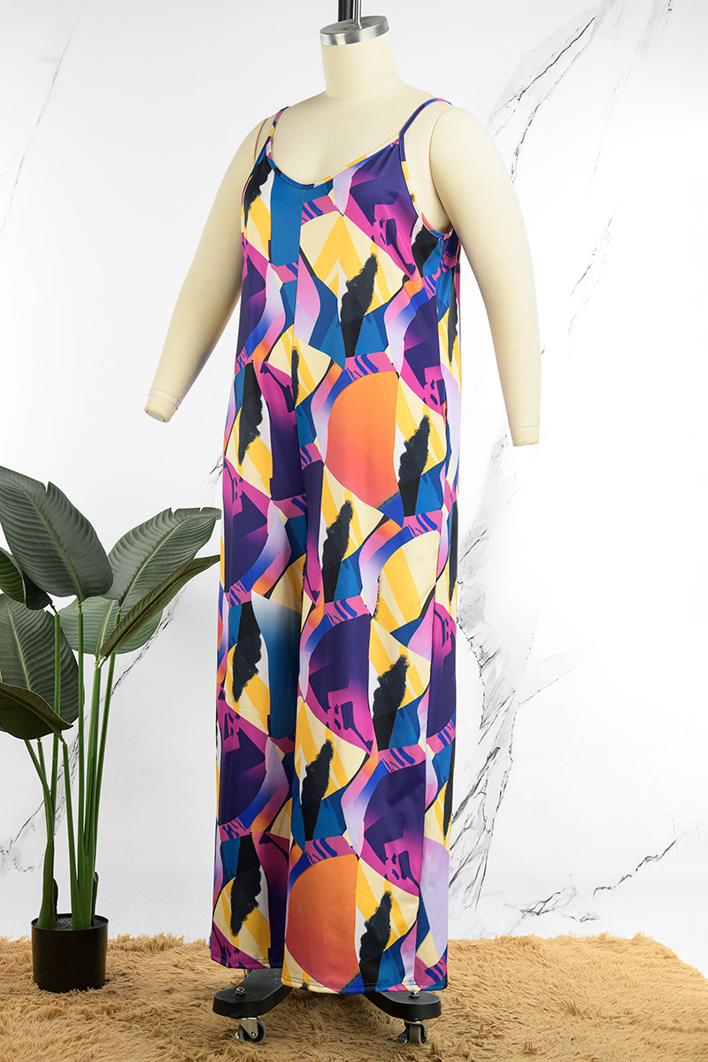 Fashion Street Print Patchwork Spaghetti Strap Loose Jumpsuits