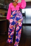 Rose Red Casual Print Patchwork V Neck Plus Size Jumpsuits