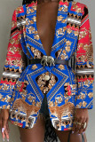 Blue Red Casual Work Elegant Print Buttons Turn-back Collar Outerwear(With Belt)