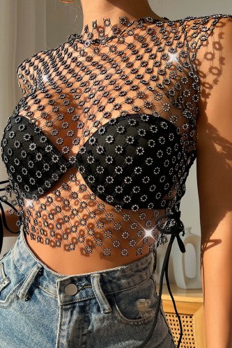 Black Sexy Patchwork See-through O Neck Tops