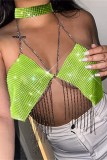 Fluorescent Green Sexy Patchwork Tassel Chains Backless Halter Tops