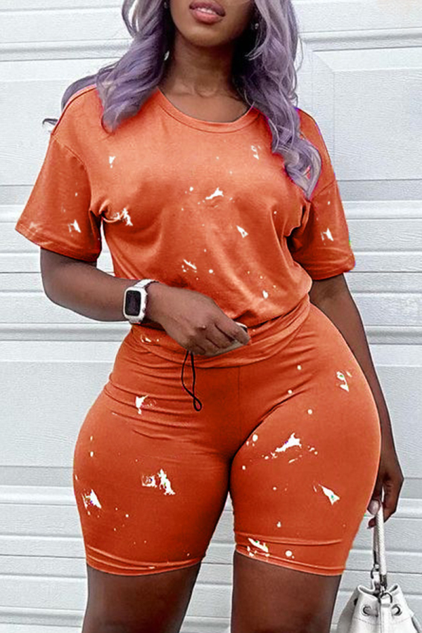 Orange Red Casual Print Basic O Neck Short Sleeve Two Pieces