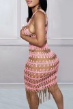 Pink Sexy Patchwork Tassel See-through V Neck Beach Dress Dresses