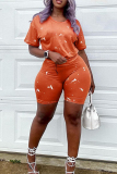 Orange Red Casual Print Basic O Neck Short Sleeve Two Pieces