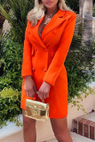 Tangerine Red Sexy Casual Work Solid Pocket Buckle Turn-back Collar Suit Dress Dresses