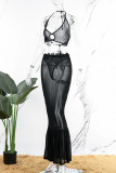 Black Sexy Party Solid Patchwork See-through Mesh Halter Sleeveless Two Pieces