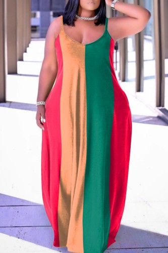 Green Sexy Casual Striped Patchwork Backless Contrast Spaghetti Strap Long Dress Dresses