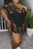 Green Sexy Solid Patchwork See-through V Neck Plus Size Tops