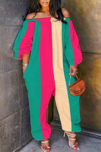 Rose Red Casual Striped Patchwork Contrast Off the Shoulder Regular Jumpsuits