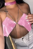 White Sexy Patchwork Tassel Chains Backless Halter Tops