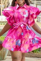 Pink Casual Print Patchwork Flounce Turndown Collar Shirt Dress Dresses