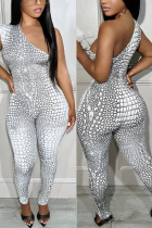 White Sexy Casual Simplicity Animal Print Printing One Shoulder Skinny Jumpsuits