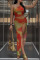 Orange Sexy Print Patchwork See-through Slit Oblique Collar Sleeveless Two Pieces