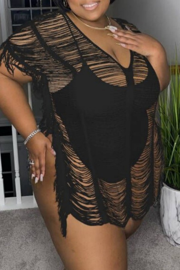 Black Sexy Solid Patchwork See-through V Neck Plus Size Tops