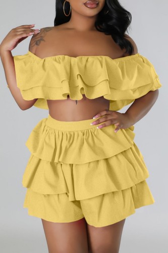 Yellow Sexy Casual Solid Patchwork Backless Off the Shoulder Short Sleeve Two Pieces