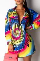 Multicolor Casual Work Simplicity Print Patchwork Shirt Collar Waist Skirt Dresses