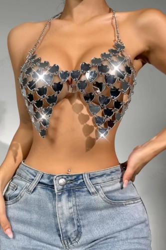 Silver Sexy Patchwork Patchwork Chains Backless Halter Tops
