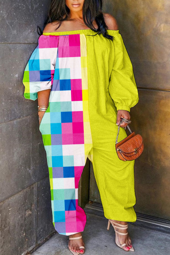 Mustard Yellow Casual Print Patchwork Off the Shoulder Regular Jumpsuits