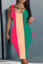 Green Casual Striped Patchwork Contrast U Neck Vest Dress Dresses