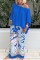 Deep Blue Casual Print Patchwork Oblique Collar Long Sleeve Two Pieces