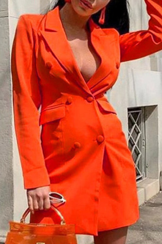 Tangerine Red Sexy Casual Work Solid Pocket Buckle Turn-back Collar Suit Dress Dresses