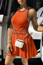 Orange Red Casual Solid Patchwork O Neck Vest Dress Dresses