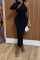 Black Sexy Elegant Asymmetrical Solid Color Asymmetrical Collar One Step Skirt Dresses
