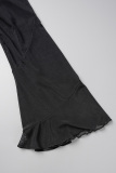 Black Sexy Solid Patchwork Frenulum Stringy Selvedge Long Dress Dresses