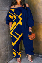 Dark Blue Yellow Casual Print Patchwork Off the Shoulder Regular Jumpsuits