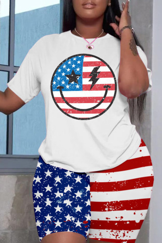 White Red Casual Flag Stars Street Graphic Print Short Sleeve Shorts and T Shirt Set
