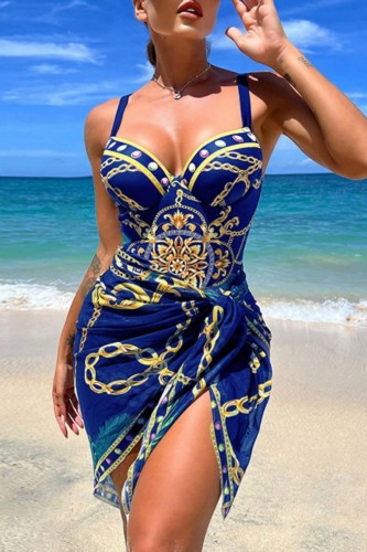 Blue Sexy Print Backless Swimwears (With Paddings)